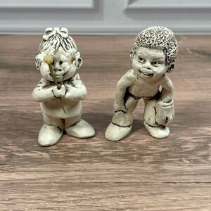 Tompin 1972 Vintage Unglazed Porcelain Figurines Boy Girl Flowers Collectible